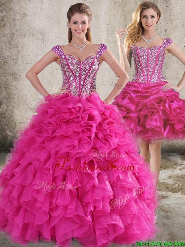 Classical Ruffled and Beaded Bodice Detachable Quinceanera Dress in Hot Pink  LFY091906KFTZFOR