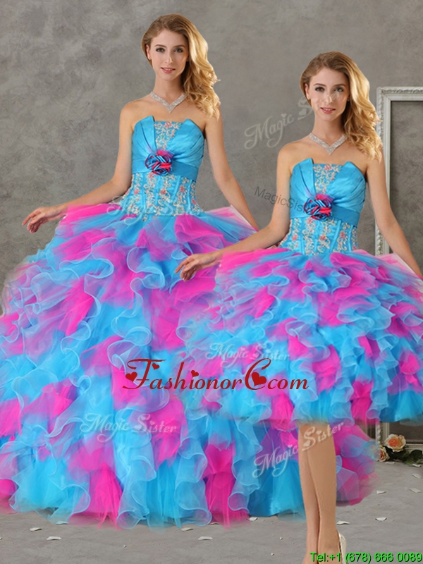 Romantic Hand Made Flowers and Ruffled Big Puffy Detachable Quinceanera Dresses in Blue and Pink QDZY464TZFOR