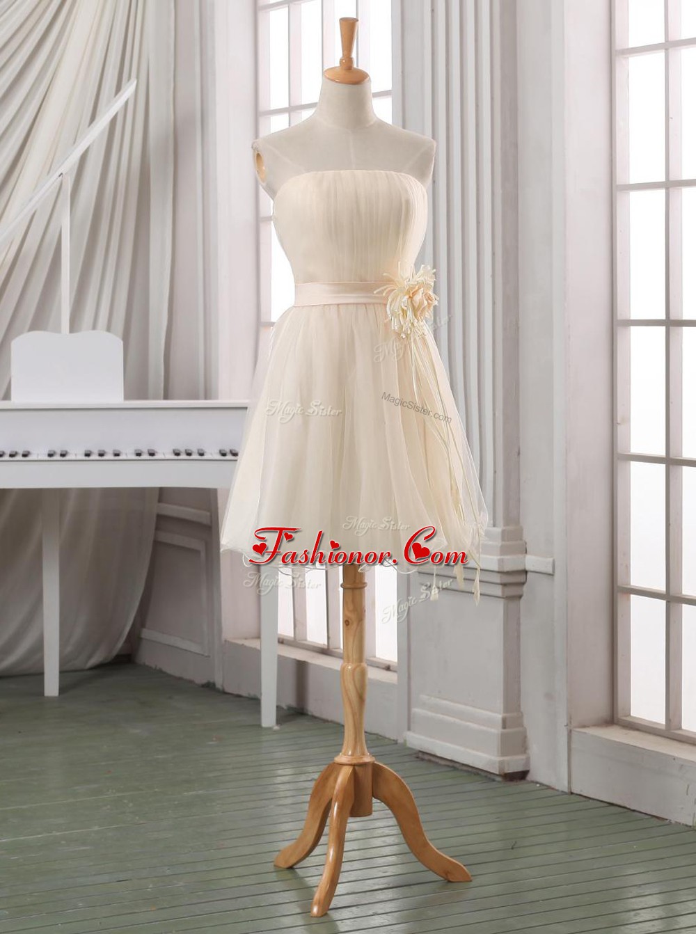 Hot Sale White and Champagne Strapless Neckline Belt and Hand Made Flower Prom Evening Gown Sleeveless Zipper