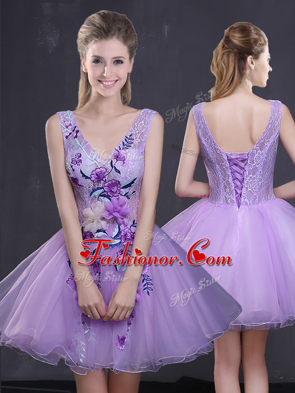  Lavender Lace Up Lace and Appliques Prom Dress Organza Sleeveless