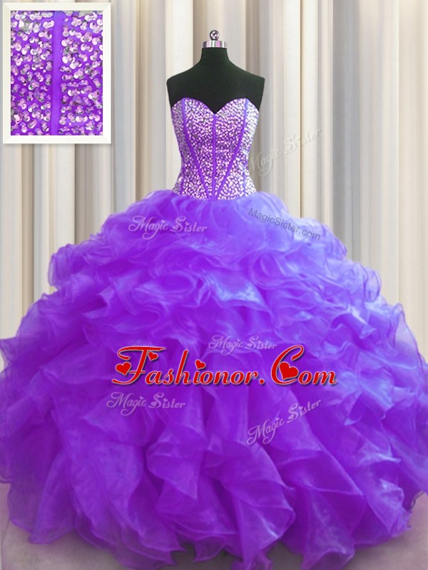 New Arrival Visible Boning Floor Length Purple Quince Ball Gowns Sweetheart Sleeveless Lace Up