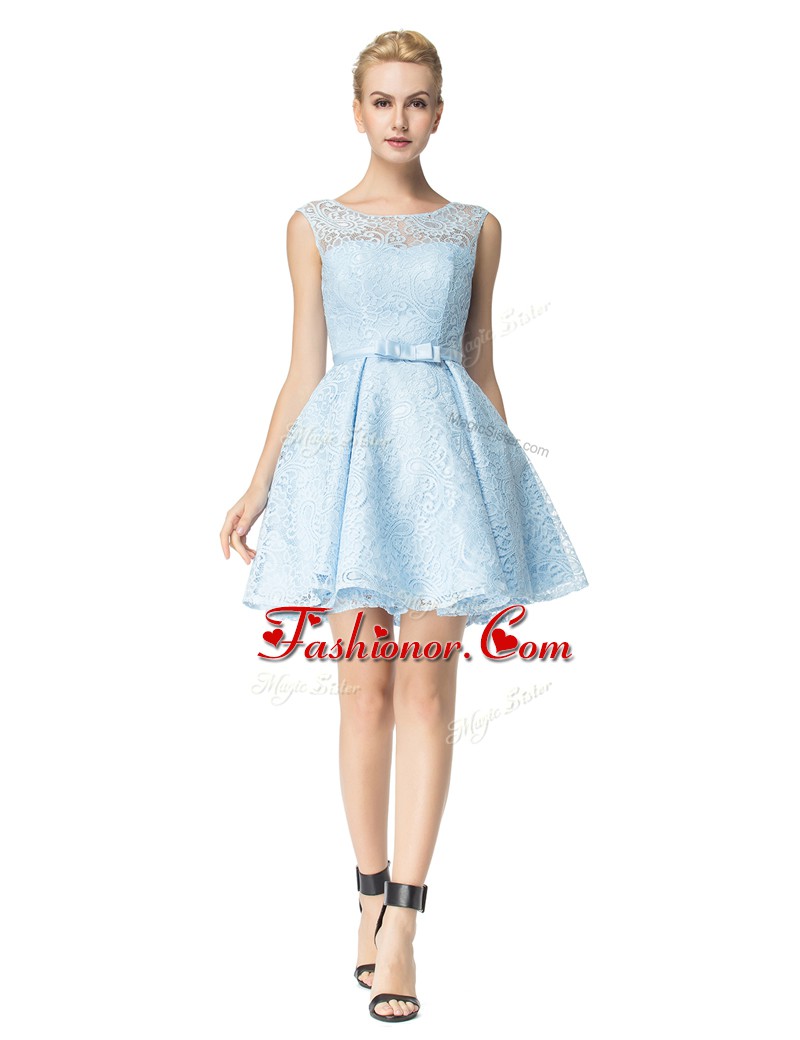Glamorous Scoop Lace Mini Length A-line Sleeveless Light Blue Prom Dress Zipper