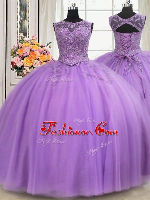 See Through Sleeveless Beading and Appliques Lace Up 15th Birthday Dress