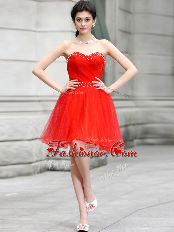 Fashionable Coral Red Sleeveless Beading Knee Length Prom Evening Gown