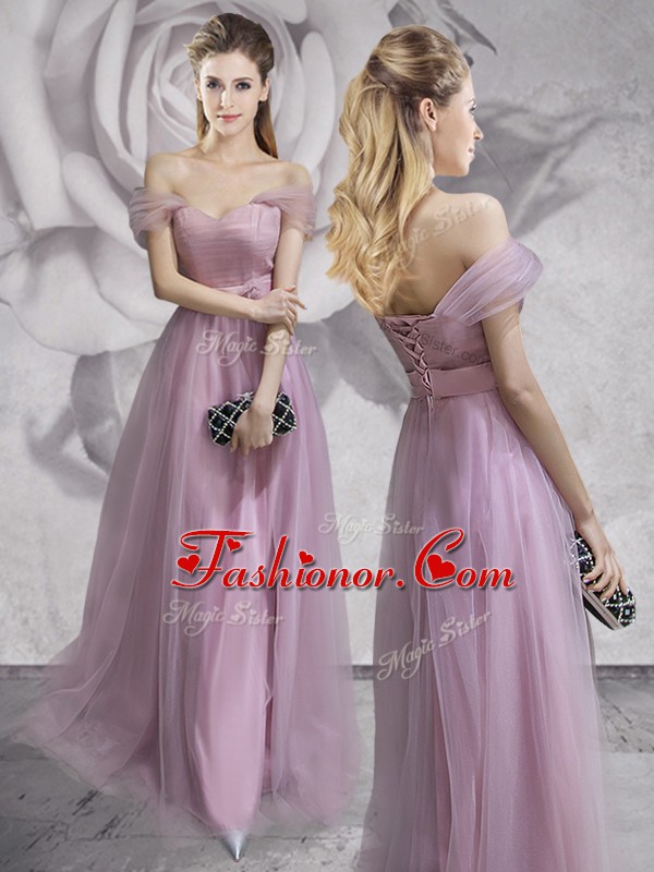  Off the Shoulder Floor Length Empire Sleeveless Lavender Prom Dress Lace Up