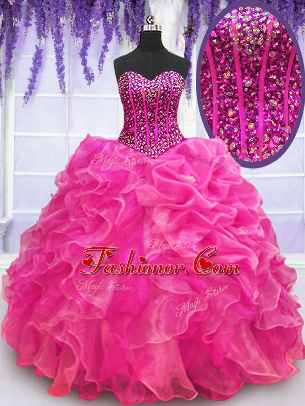  Hot Pink Ball Gowns Sweetheart Sleeveless Organza Floor Length Lace Up Beading and Ruffles Quinceanera Gowns