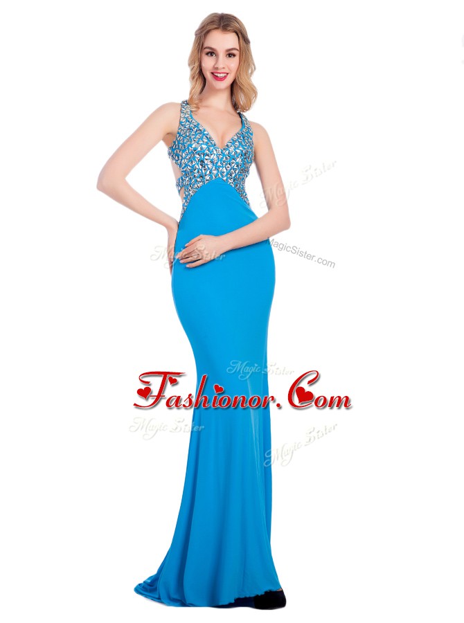 Fabulous V-neck Sleeveless Clasp Handle Prom Party Dress Baby Blue Silk Like Satin