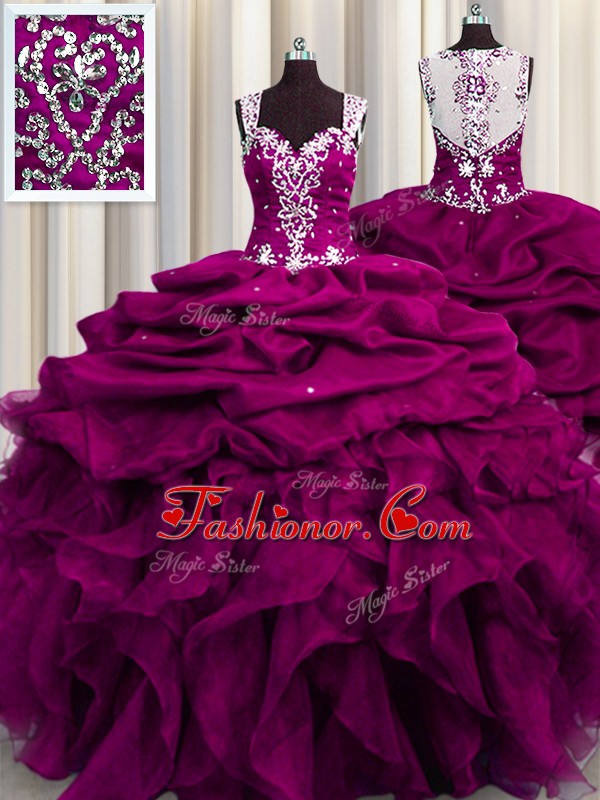  See Through Back Sleeveless Beading and Ruffles and Sequins Zipper Quinceanera Gown