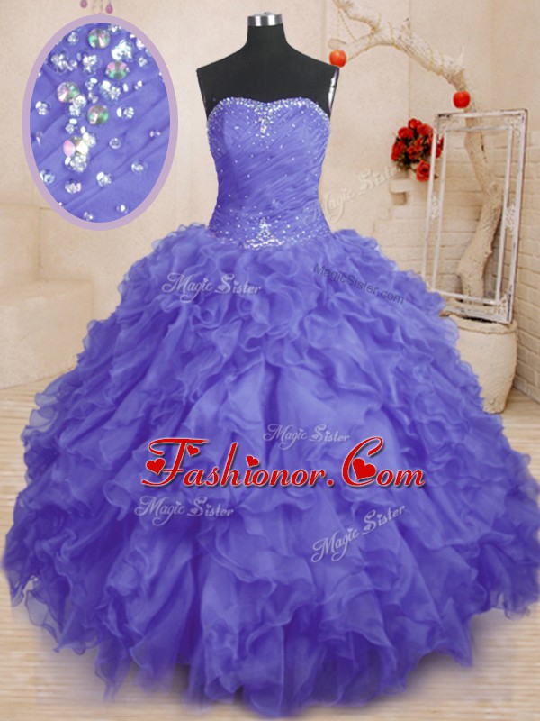  Purple Ball Gowns Beading and Ruffles and Ruching 15th Birthday Dress Lace Up Organza Sleeveless Floor Length