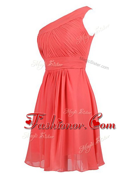  One Shoulder Sleeveless Prom Evening Gown Knee Length Ruffles Watermelon Red Chiffon