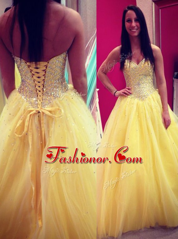 Gorgeous Yellow Lace Up Prom Dresses Sequins Sleeveless Floor Length