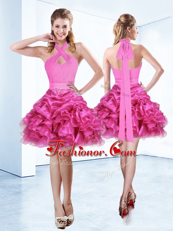  Halter Top Ruffles and Ruching and Belt Dress for Prom Hot Pink Zipper Sleeveless Mini Length