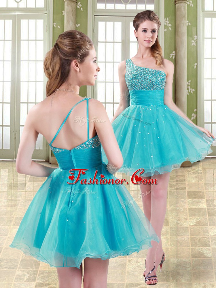 Amazing A-line Dress for Prom Aqua Blue One Shoulder Organza Sleeveless Mini Length Zipper