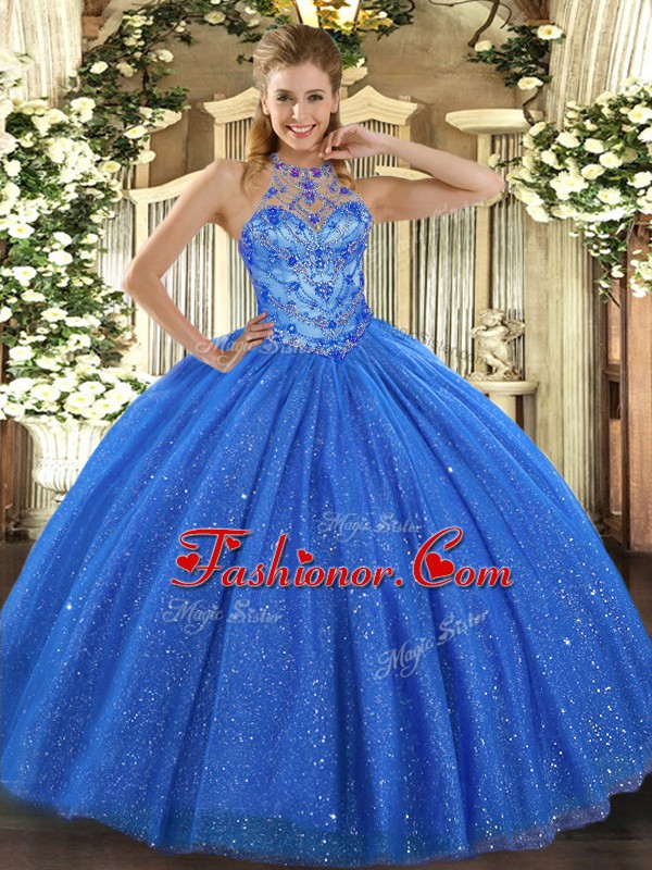 Best Blue Sleeveless Floor Length Beading and Embroidery Lace Up Sweet 16 Quinceanera Dress