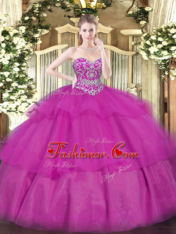  Sleeveless Lace Up Floor Length Beading and Ruffled Layers Quinceanera Dress