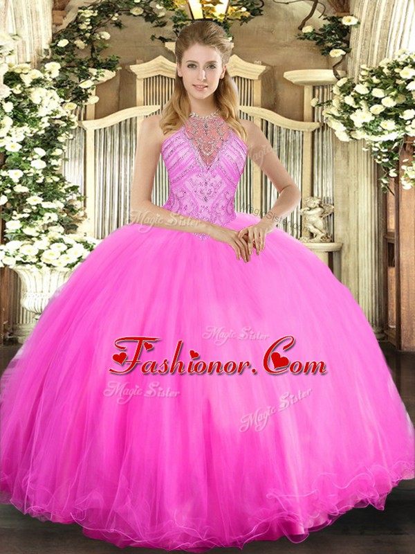 Dramatic Rose Pink Halter Top Neckline Beading 15 Quinceanera Dress Sleeveless Lace Up