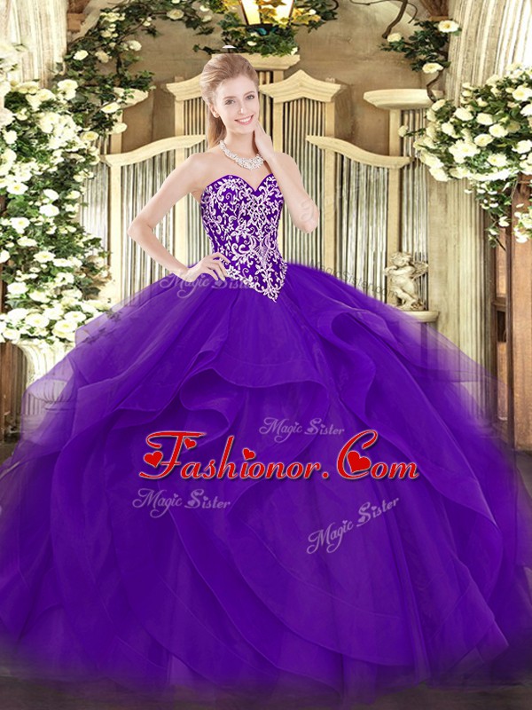 Superior Sweetheart Sleeveless Lace Up Quinceanera Gown Purple Tulle