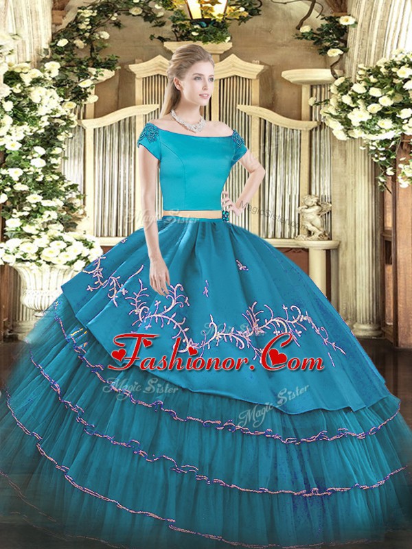  Off The Shoulder Short Sleeves Zipper Quinceanera Gown Teal Organza and Taffeta