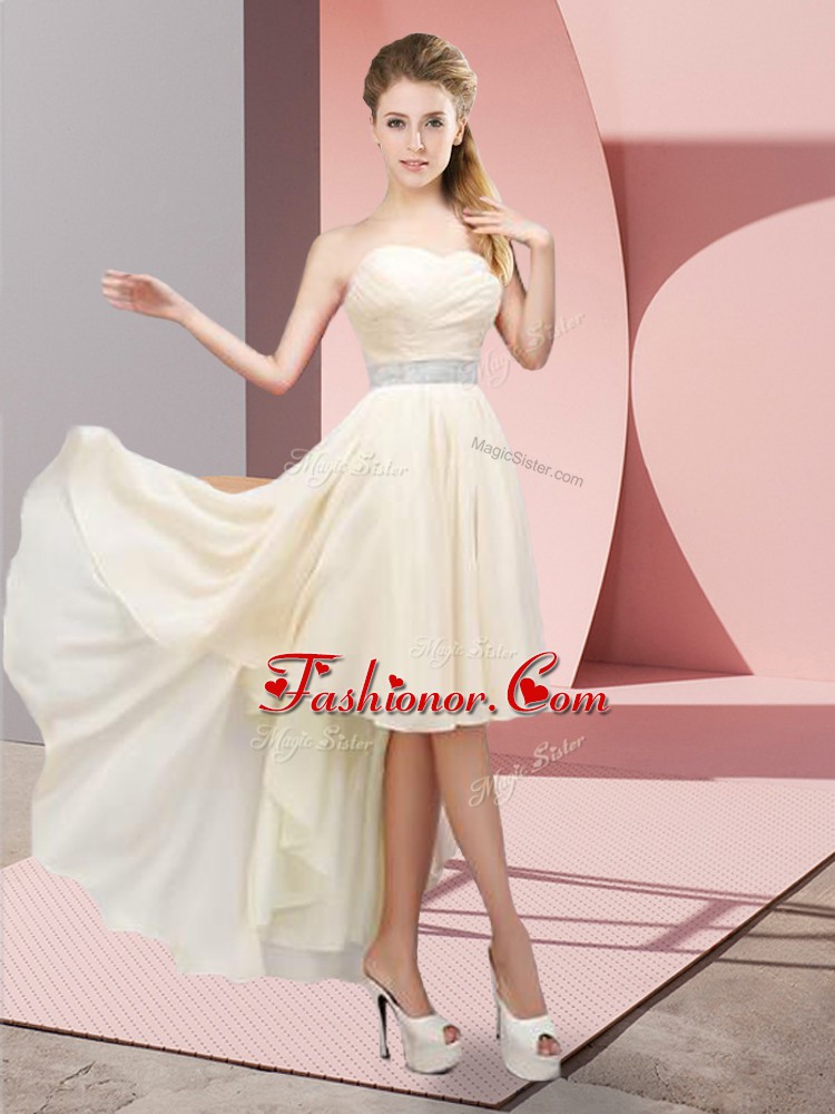  Champagne Chiffon Lace Up Dress for Prom Sleeveless High Low Beading