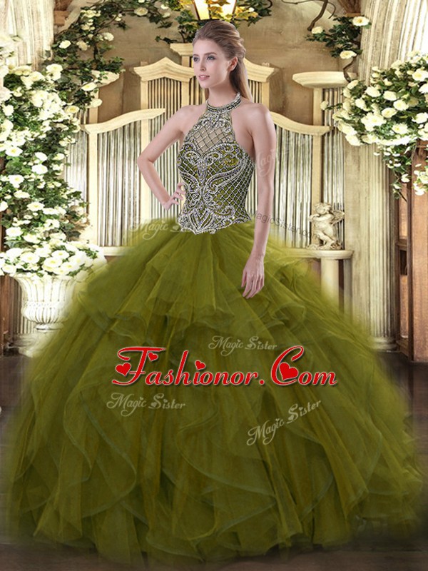  Ball Gowns Quinceanera Gowns Olive Green Halter Top Organza Sleeveless Floor Length Lace Up