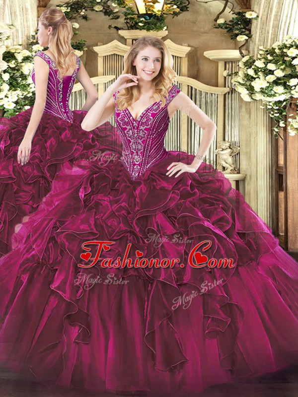 Cheap Sleeveless Organza Floor Length Lace Up 15th Birthday Dress in Fuchsia with Beading and Ruffles