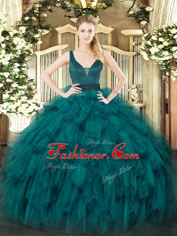 Fitting Straps Sleeveless Quince Ball Gowns Floor Length Beading and Ruffles Teal Organza