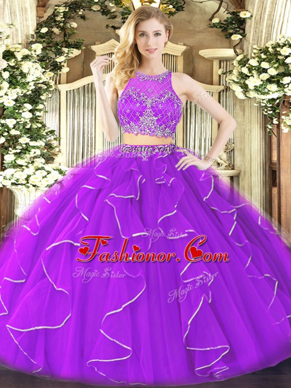  Purple Ball Gowns Scoop Sleeveless Organza Floor Length Zipper Ruffles Quinceanera Gowns