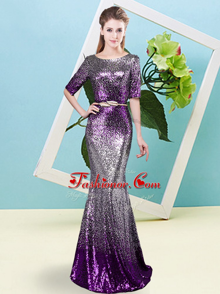 Classical Scoop Half Sleeves Evening Dress Floor Length Sequins and Belt Multi-color Sequined