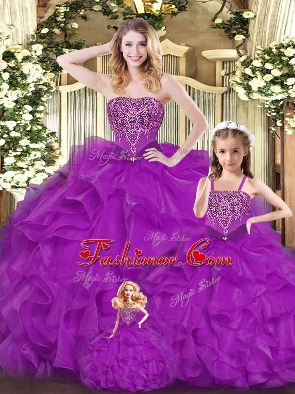 Top Selling Floor Length Lace Up Quinceanera Dresses Purple for Military Ball and Sweet 16 and Quinceanera with Beading and Ruffles