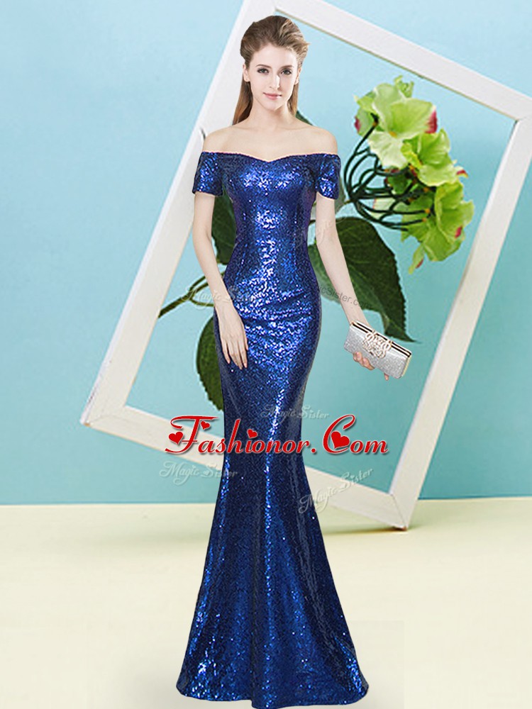 Royal Blue Prom Evening Gown Prom and Party with Sequins Off The Shoulder Short Sleeves Zipper