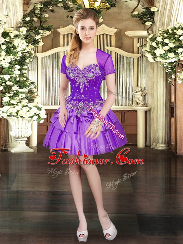 Sleeveless Lace Up Mini Length Beading and Ruffled Layers Prom Party Dress