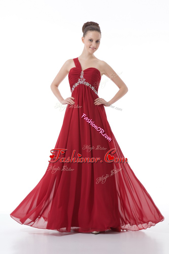 Delicate Red Empire One Shoulder Sleeveless Chiffon Floor Length Backless Beading and Ruching 