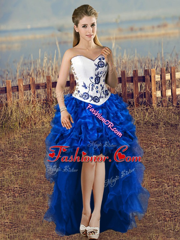 On Sale Blue And White A-line Organza Sweetheart Sleeveless Embroidery High Low Lace Up Homecoming Dress