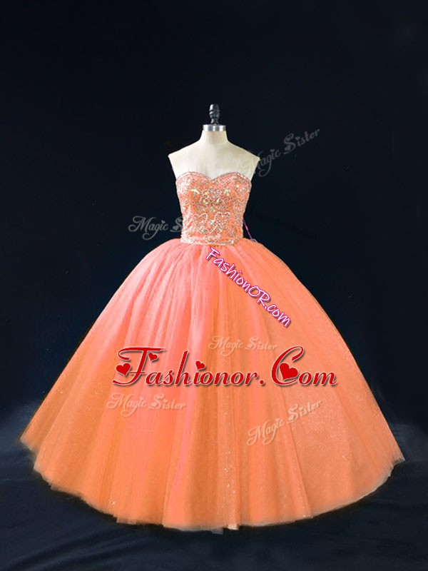 Peach Sweetheart Lace Up Beading 15 Quinceanera Dress Sleeveless