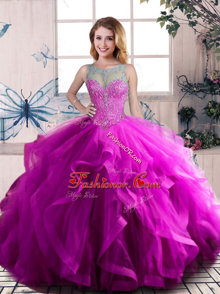  Purple Sleeveless Floor Length Beading and Ruffles Lace Up Quinceanera Dresses