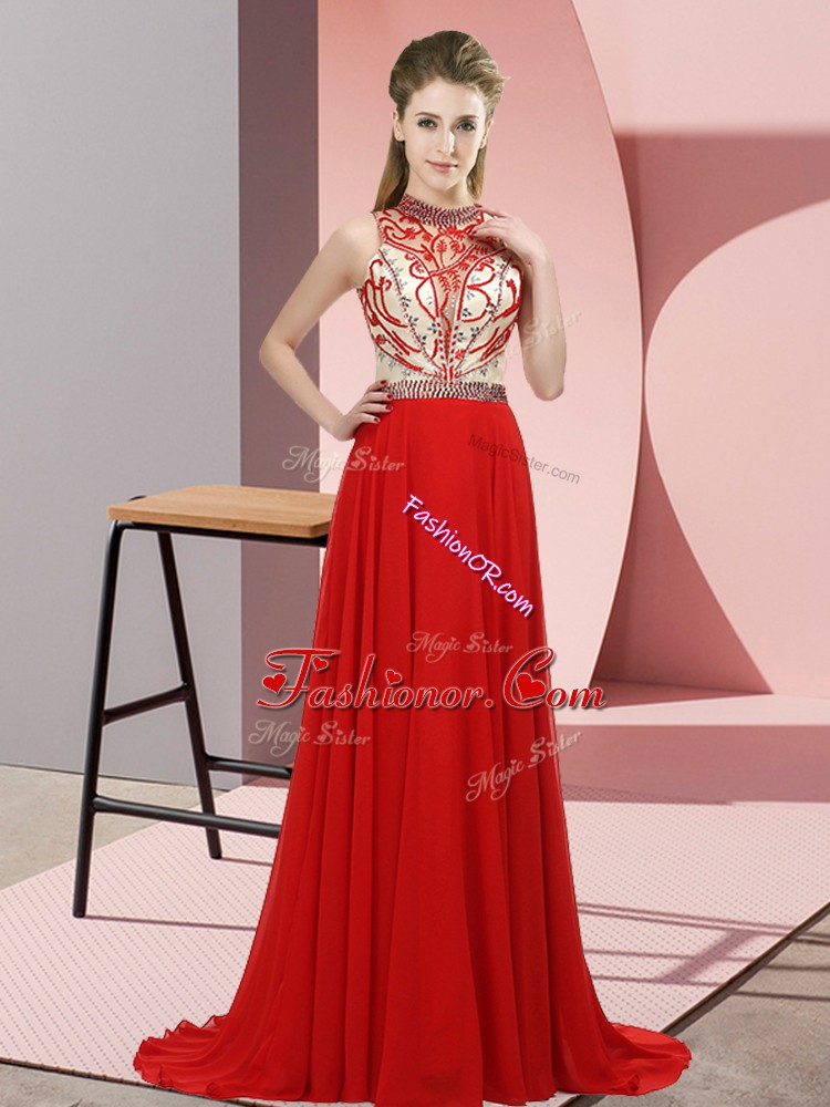 Discount Sleeveless Brush Train Backless Beading Prom Gown