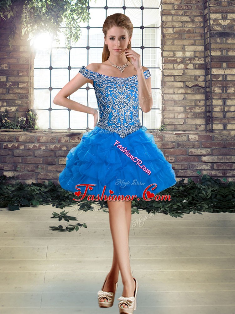 Pretty Blue Off The Shoulder Neckline Beading and Pick Ups Prom Dresses Sleeveless Lace Up