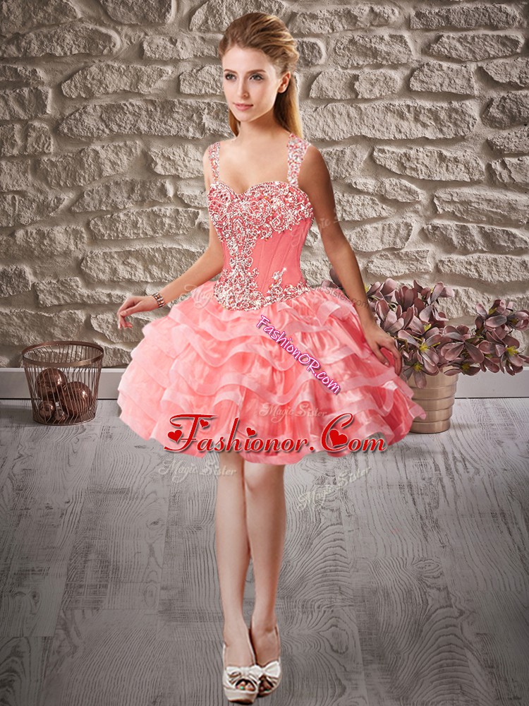  Watermelon Red Organza Lace Up Straps Sleeveless Mini Length Prom Dresses Beading and Ruffled Layers