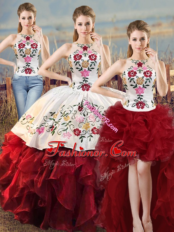 Dazzling Floor Length Lace Up Quinceanera Dresses White And Red for Sweet 16 and Quinceanera with Embroidery and Ruffles