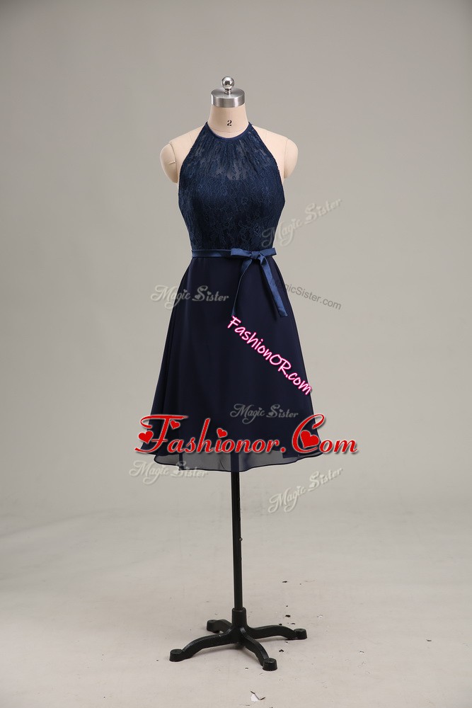 Attractive Mini Length Navy Blue Prom Gown Scoop Sleeveless Backless