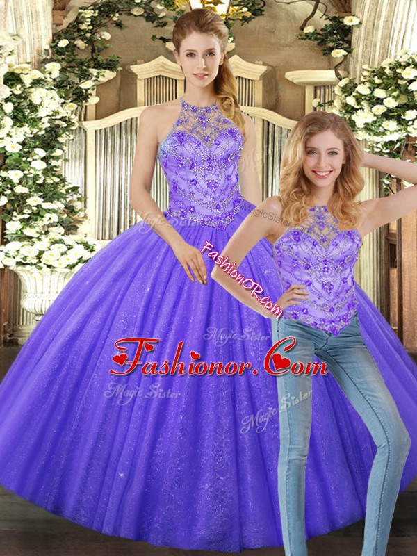Ideal Halter Top Sleeveless Lace Up Vestidos de Quinceanera Lavender Tulle