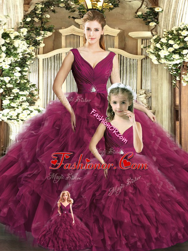  Tulle V-neck Sleeveless Backless Beading and Ruffles Quinceanera Gowns in Burgundy