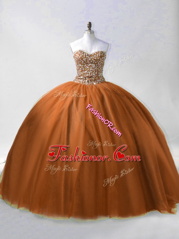  Beading Quinceanera Gowns Brown Lace Up Sleeveless Floor Length