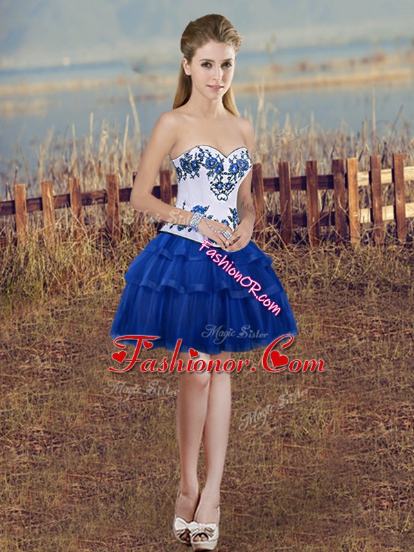  Organza Sweetheart Sleeveless Lace Up Embroidery and Ruffled Layers Evening Dress in Royal Blue