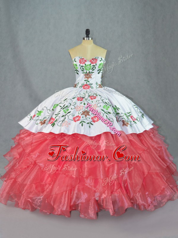  Watermelon Red Vestidos de Quinceanera Sweet 16 and Quinceanera with Embroidery and Ruffles Sweetheart Sleeveless Lace Up