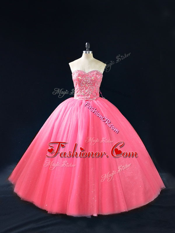  Hot Pink Sleeveless Floor Length Beading Side Zipper 15 Quinceanera Dress