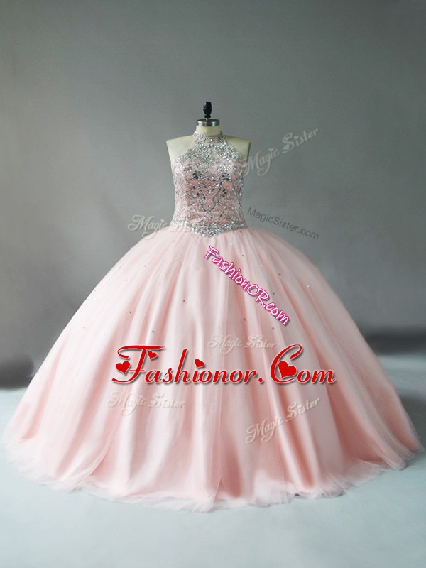  Pink Tulle Vestidos de Quinceanera Sleeveless Floor Length Beading
