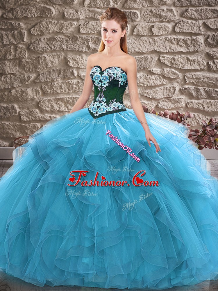 Lovely Blue Tulle Lace Up Sweetheart Sleeveless Floor Length Sweet 16 Quinceanera Dress Beading and Embroidery