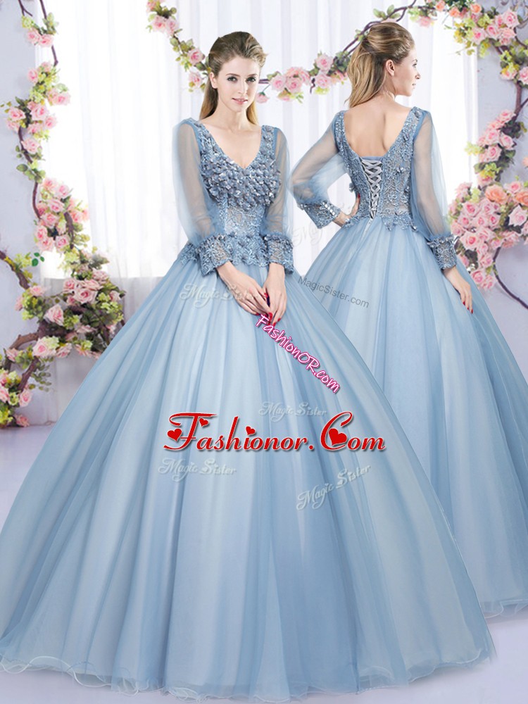 High Quality Floor Length Lace Up Sweet 16 Dresses Blue for Military Ball and Sweet 16 and Quinceanera with Lace and Appliques
