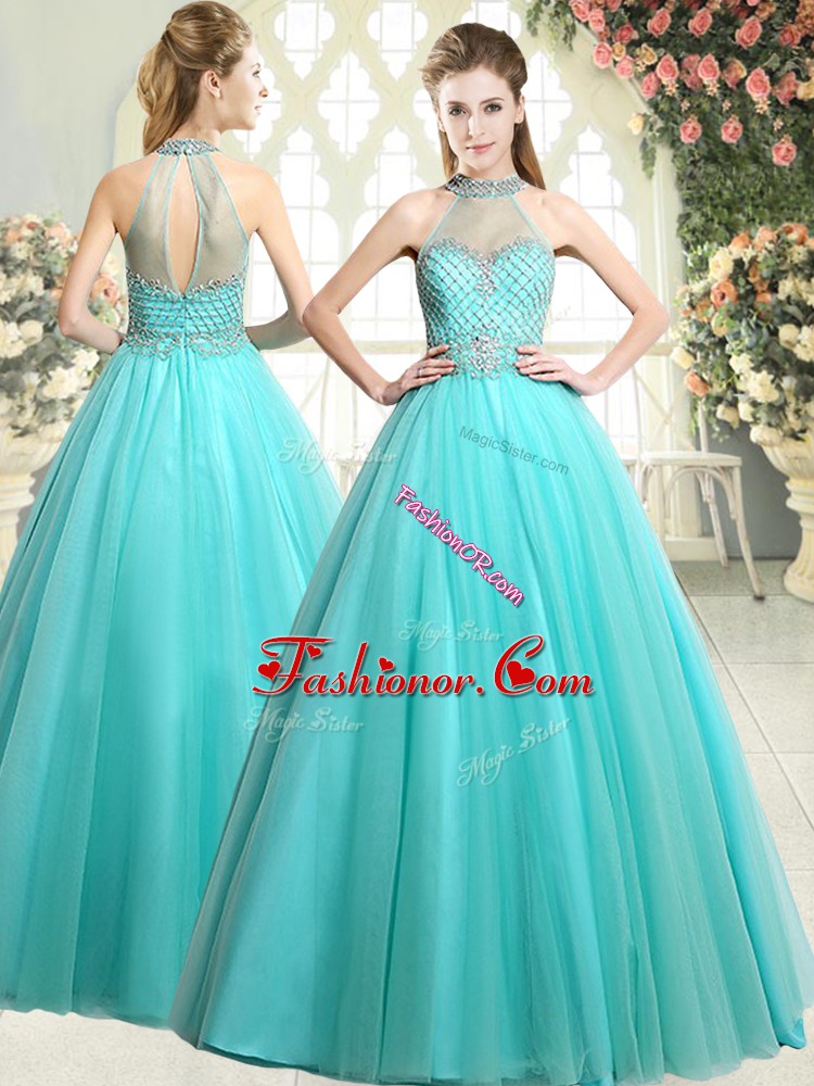 Fantastic Sleeveless Tulle Floor Length Zipper Prom Dresses in Aqua Blue with Beading
